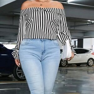 Plus striped off shoulder tie cuff  blouse  ,off shoulder  ,non-stretch